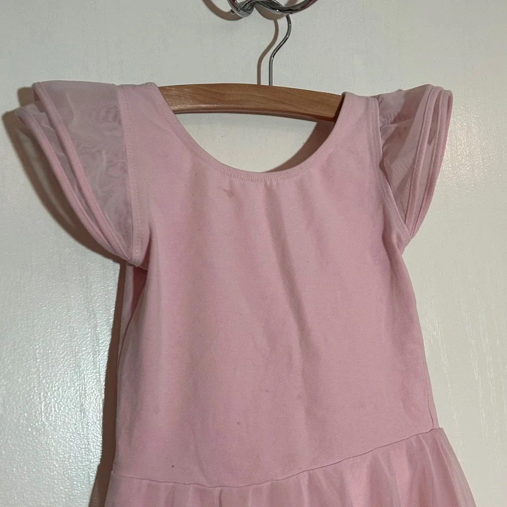 Girls Pink Ballet Leotard Dress Mesh‎ Flutter Sleeve Tutu Dancewear Size 130